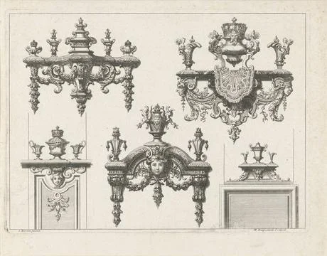 RECORD DATE NOT STATED  Three consoles and two crown elements for pilaster... 库存照片