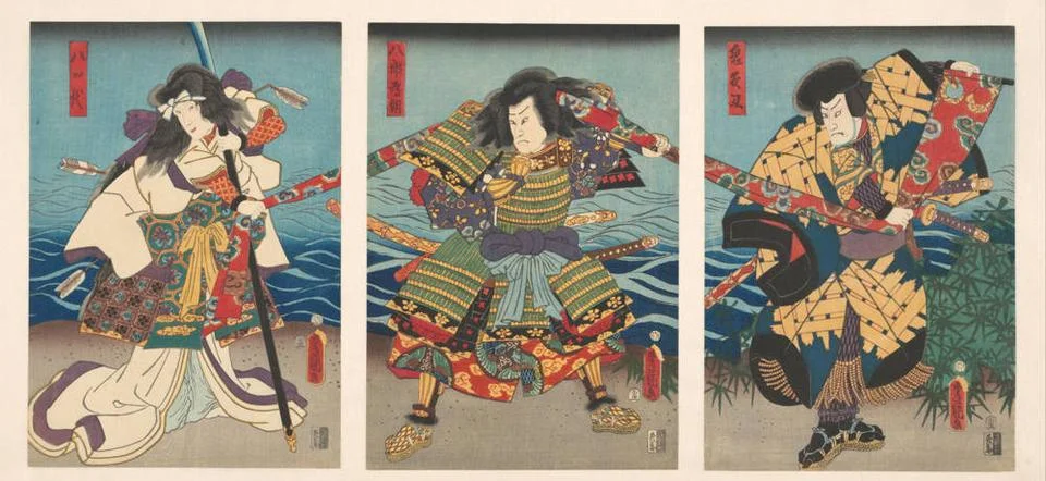 RECORD DATE NOT STATED  Three Kabuki actors pulling a red banner, Utagawa ... Stock Photos
