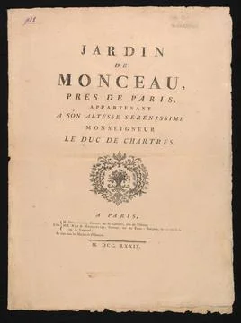 RECORD DATE NOT STATED  The title page Jardin de Monceau Pres de Paris ; C... Stock Photos