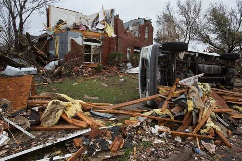 RECORD DATE NOT STATED Tornado damage to a home and vehicle in a Rowlett n... Stock Photos