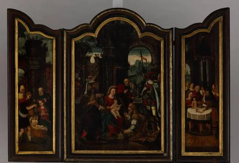 RECORD DATE NOT STATED  Triptych: the Three Kings, shepherds, circumcision... Stock Photos