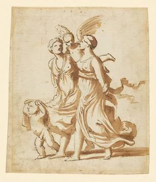 RECORD DATE NOT STATED Two Girls Accompanied by Cupid. Nicolas Poussin (Fr... Stock Photos