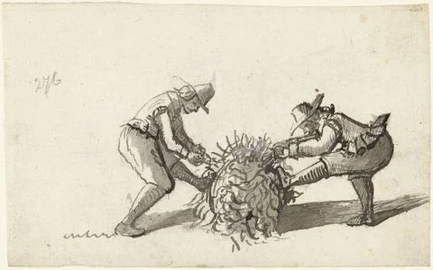RECORD DATE NOT STATED  Two men who bind a coat or a branch forest, 1648 d... Stock Photos