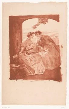 RECORD DATE NOT STATED  Two Spanish women with guitar and a parrot, Alexan... Foto stock