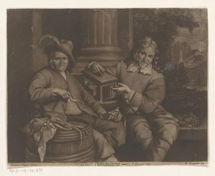 RECORD DATE NOT STATED  Two men on a couch with different objects, Jean Si... Stock Photos