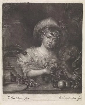 RECORD DATE NOT STATED  Two girls with flowers, fruits and a parrot, Johan... Stock Photos