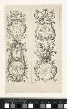 RECORD DATE NOT STATED  Two vertical ornaments of leaf vines and with mono... Stock Photos