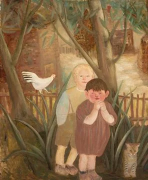 RECORD DATE NOT STATED  Two children with a cat; Makowski, Tadeusz (1882-1... Foto stock