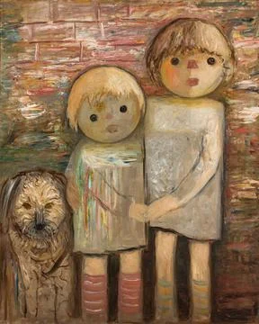 RECORD DATE NOT STATED  Two children with a dog; Makowski, Tadeusz (1882-1... Stock Photos