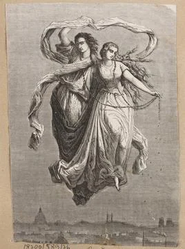 RECORD DATE NOT STATED  Two characters floating over Paris; 1860-1870 (186... Stock Photos