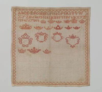 RECORD DATE NOT STATED  Unfinished brand patch from red silk on linen, ano... Fotos de archivo