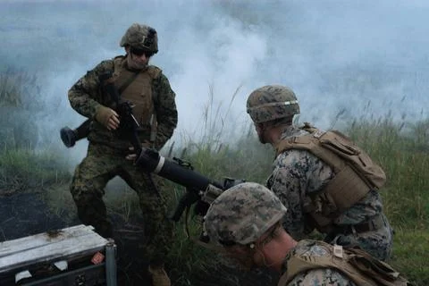 RECORD DATE NOT STATED U.S. Marines with 3d Battalion, 3d Marines prepare ... 스톡 사진