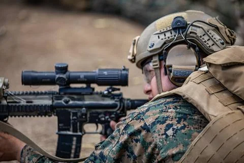 RECORD DATE NOT STATED  A U.S. Marines fires his M27 Infantry Automatic Ri... 写真素材