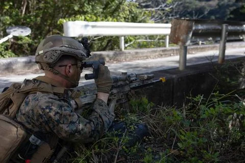 RECORD DATE NOT STATED  U.S. Marine Corps Lance Cpl. Devlin Fouser scouts ... Stock Photos