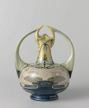 RECORD DATE NOT STATED  Vase with arrow herb, water lilies and butterflies... Stock Photos
