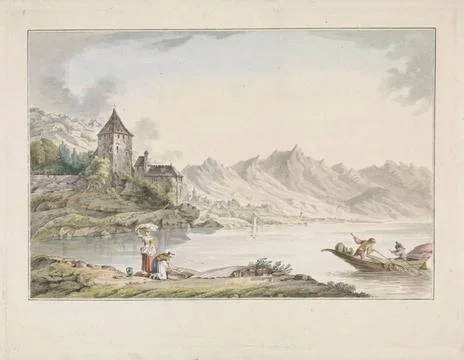 RECORD DATE NOT STATED  View of a church on a lake in Switzerland, Jan Ger... Foto stock