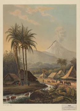 RECORD DATE NOT STATED  View of a village and the Semeru volcano on Java, ... 스톡 사진