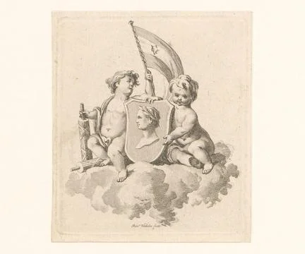 RECORD DATE NOT STATED  Vignette with two putti on a cloud with VOC flag a... Stock Photos