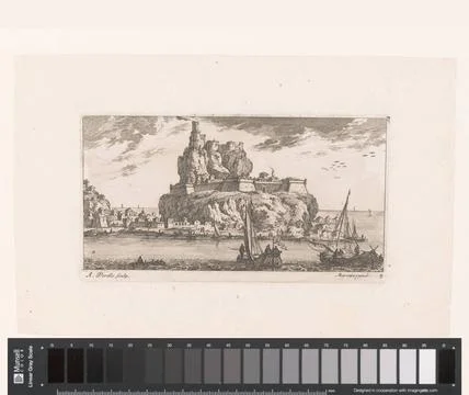 RECORD DATE NOT STATED  Walled city on rock in the sea, Adam Perelle, 1650... Stock Photos