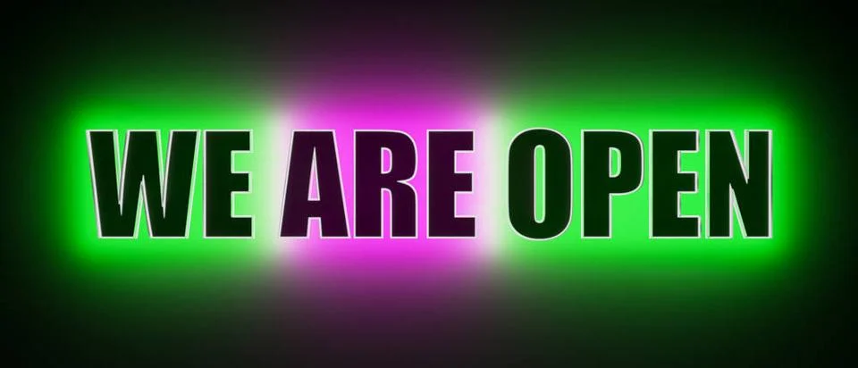 RECORD DATE NOT STATED We are Open Colored glowing banner with the text go... Stock Photos