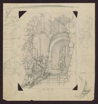 RECORD DATE NOT STATED  Workers on a place, sketches for graphics from the... Stock Photos