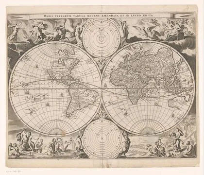 RECORD DATE NOT STATED  World map with allegory on the four elements, Bast... 库存照片