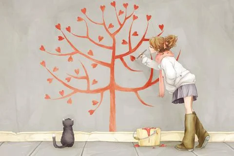 RECORD DATE NOT STATED Young girl painting love tree Beijing China Copyrig... Stock Photos