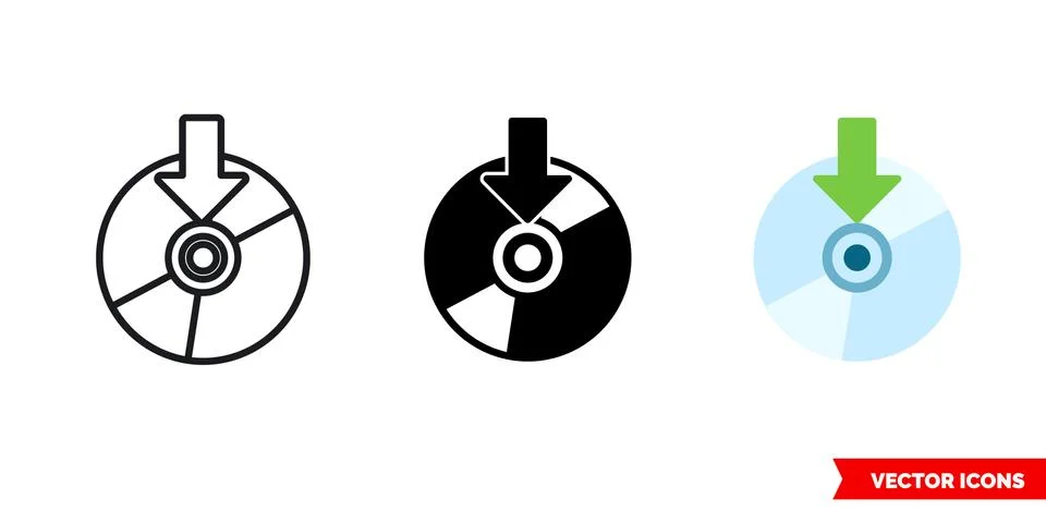 Record to disk burn icon of 3 types color, black and white, outline. Isolated Stock Illustration