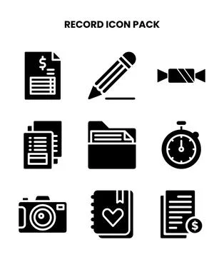 Record Glyph Design Icons Pack Stock Illustration