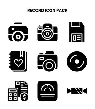 Record Glyph Set Icons Pack Stock Illustration