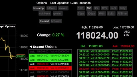 Record high Bitcoin crypto price of $118k on trading screen Stock Footage 313287420