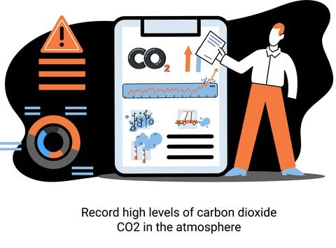 Record high levels of carbon dioxide CO2 in atmosphere. Problems of environment Illustrazione stock