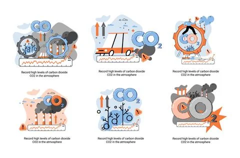 Record high levels of carbon dioxide CO2 in atmosphere. Problems of environment Illustrazione stock