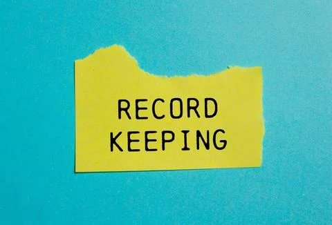 Record keeping message written on ripped torn yellow paper with blue backgrou Stock Photos
