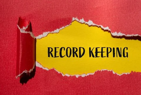 Record keeping message written on ripped torn red paper with yellow backgroun Stock Photos