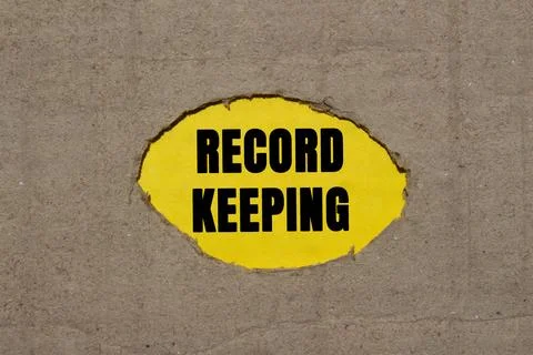 Record keeping message written on ripped torn cardboard paper on yellow bac.. Stock Photos