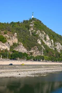 Record-low Danube water level at Budapest below Gellert Hill Stock Photos