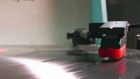 Record Needle playing on retro record player, Close-up Macro Push In Dolly Shot Stock Footage 144283967