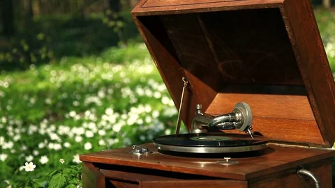 Record player turntable in the forest HD stock footage Video stock 79853734
