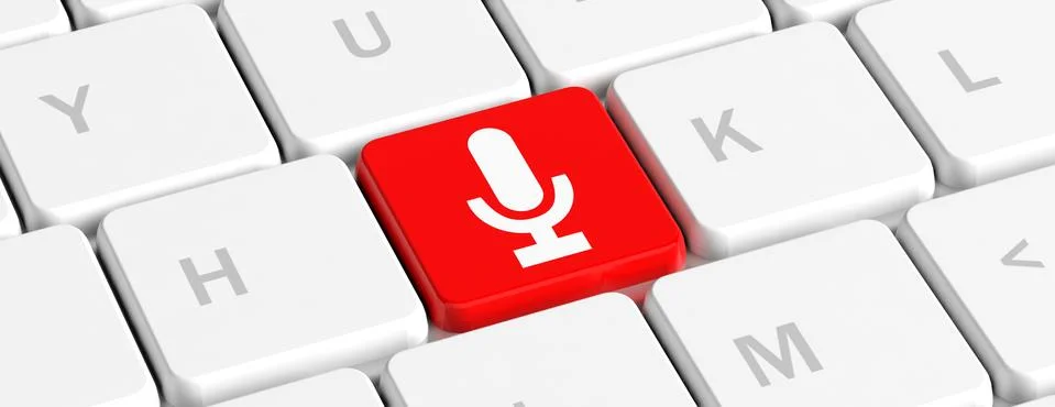 Recorder, computer key concept. Red key button with a microphone on a compute Stock Illustration