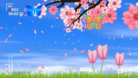 Recording beautiful blue sky and butterflies on pink flower tree in camera .. Stock Footage 245743389