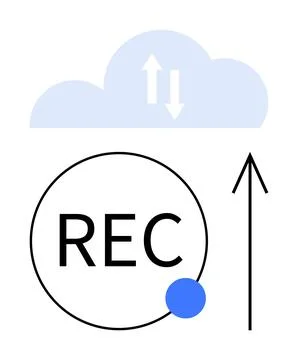 Recording button within a circle accompanied by a blue dot, upward arrow, and Illustrazione stock