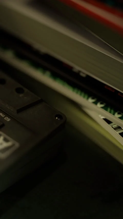 Recording device and cassette in a study room during evening hours Stock Footage 336573278