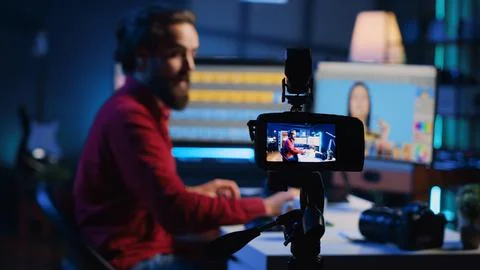 Recording equipment used by freelancer for tutorial, close up 库存照片