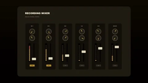 Recording mixer interface with moving audio sliders and dials Stock Footage 347013385