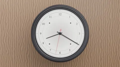 Recording, round clock moving red second, black minute-hour hands, indicating Stock Footage 337505097