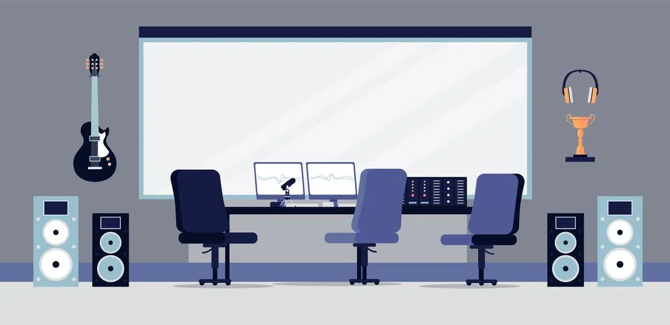 Recording studio interior with sound equipment flat vector illustration. Stock Illustration