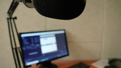 Recording studio, microphone close-up. Podcast recording, radio Stock Footage 255976069
