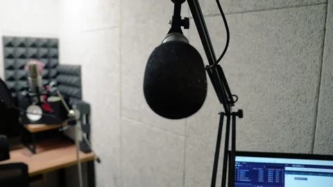 Recording studio, microphone close-up. Podcast recording, radio Stock Footage 255976110