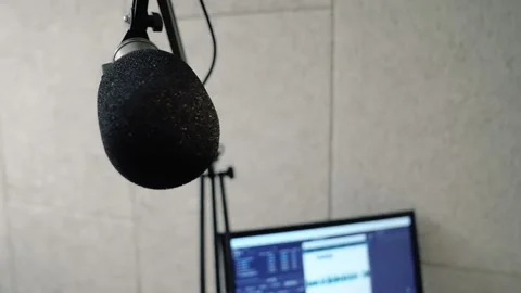 Recording studio, microphone close-up. Podcast recording, radio Stock Footage 255976196